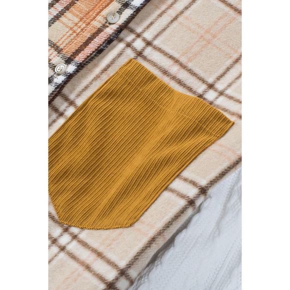 Azura Exchange  Orange Plaid Color Block Patchwork Shirt Jacket with Pocket - Picture 13 of 15